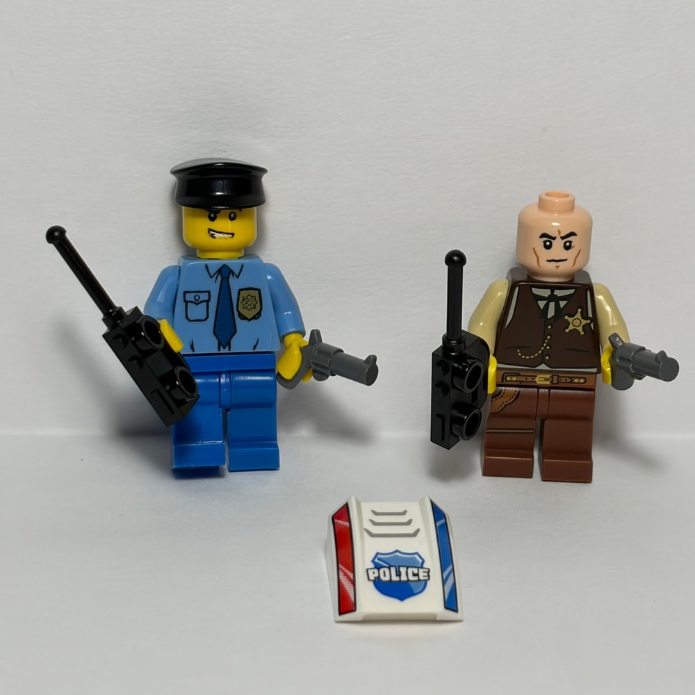 LEGO lot of 2 Minifigures Police Officer & Sheriff Lot w/ Accessories Blue Brown